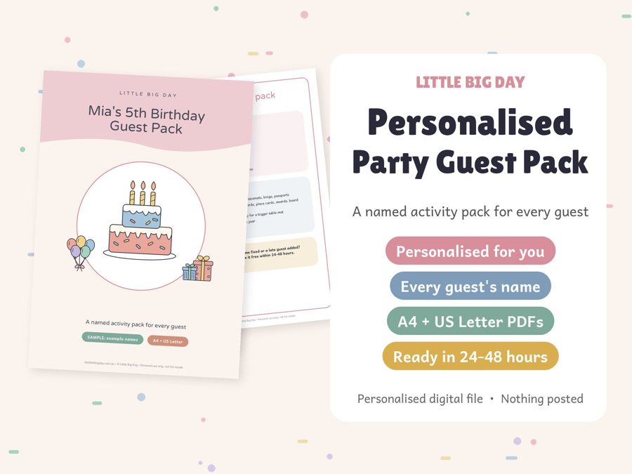 Personalised Party Guest Pack printables with guest names